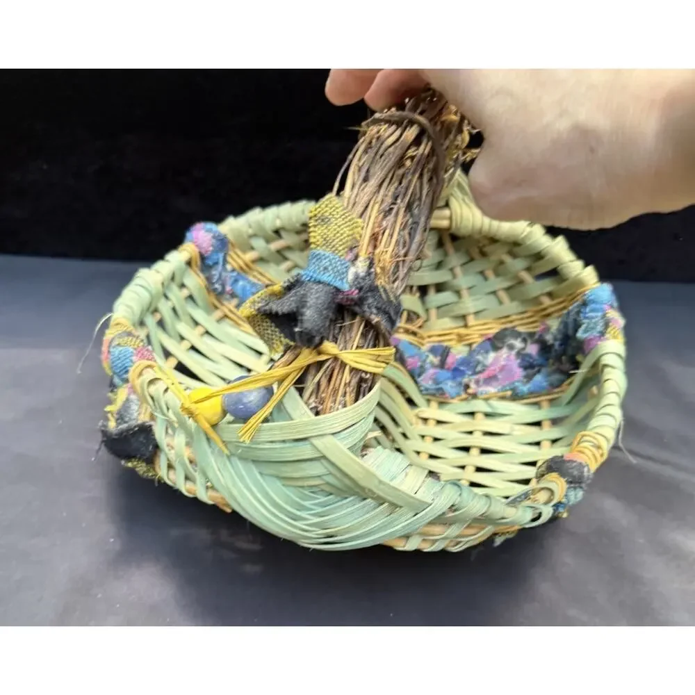 Vintage Woven African Egg Basket Super Colorful With Rag Bead Accents